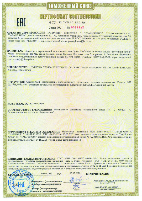 Сертификат соответствия на продукцию DEGSON